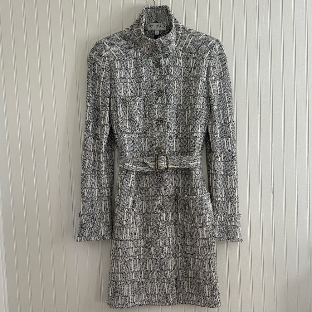 St. John Wool Knit Check Long Jacket in Bright White / Black